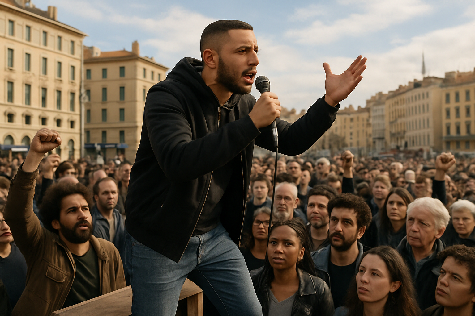 à marseille, amine kessaci appelle à la mobilisation et à la lutte lors du rassemblement de soutien à mehdi, soulignant l'importance de se lever pour la justice et la solidarité.
