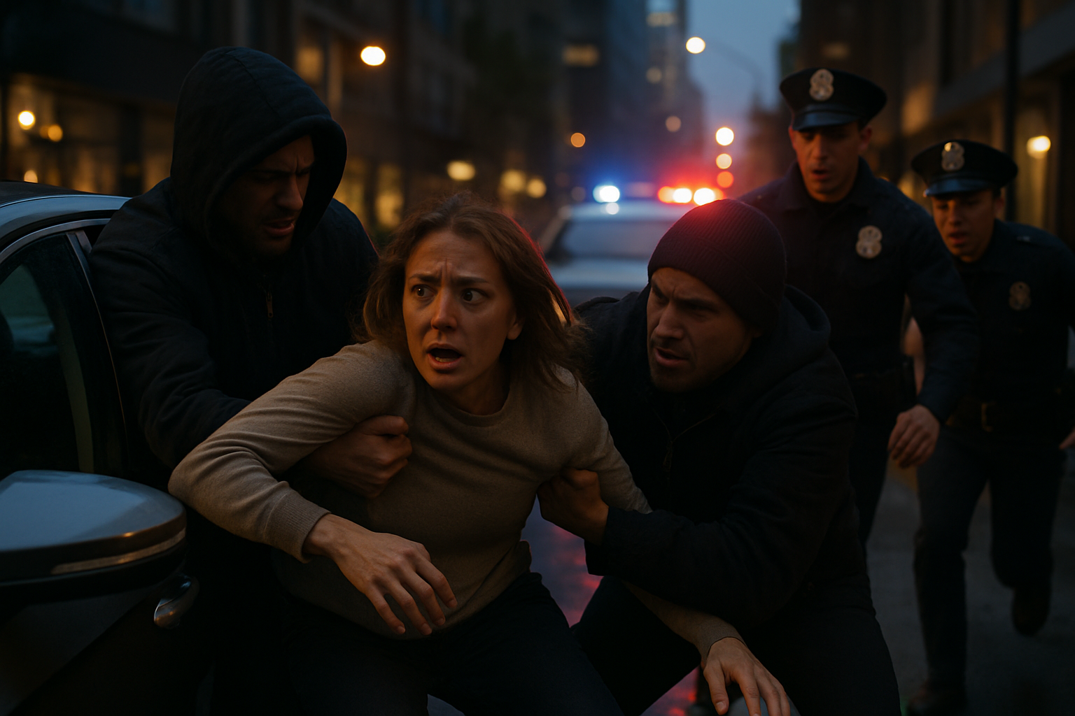 une fausse arrestation déguisée en contrôle policier tourne en tentative de kidnapping, mais la véritable police intervient juste à temps pour sauver la victime.