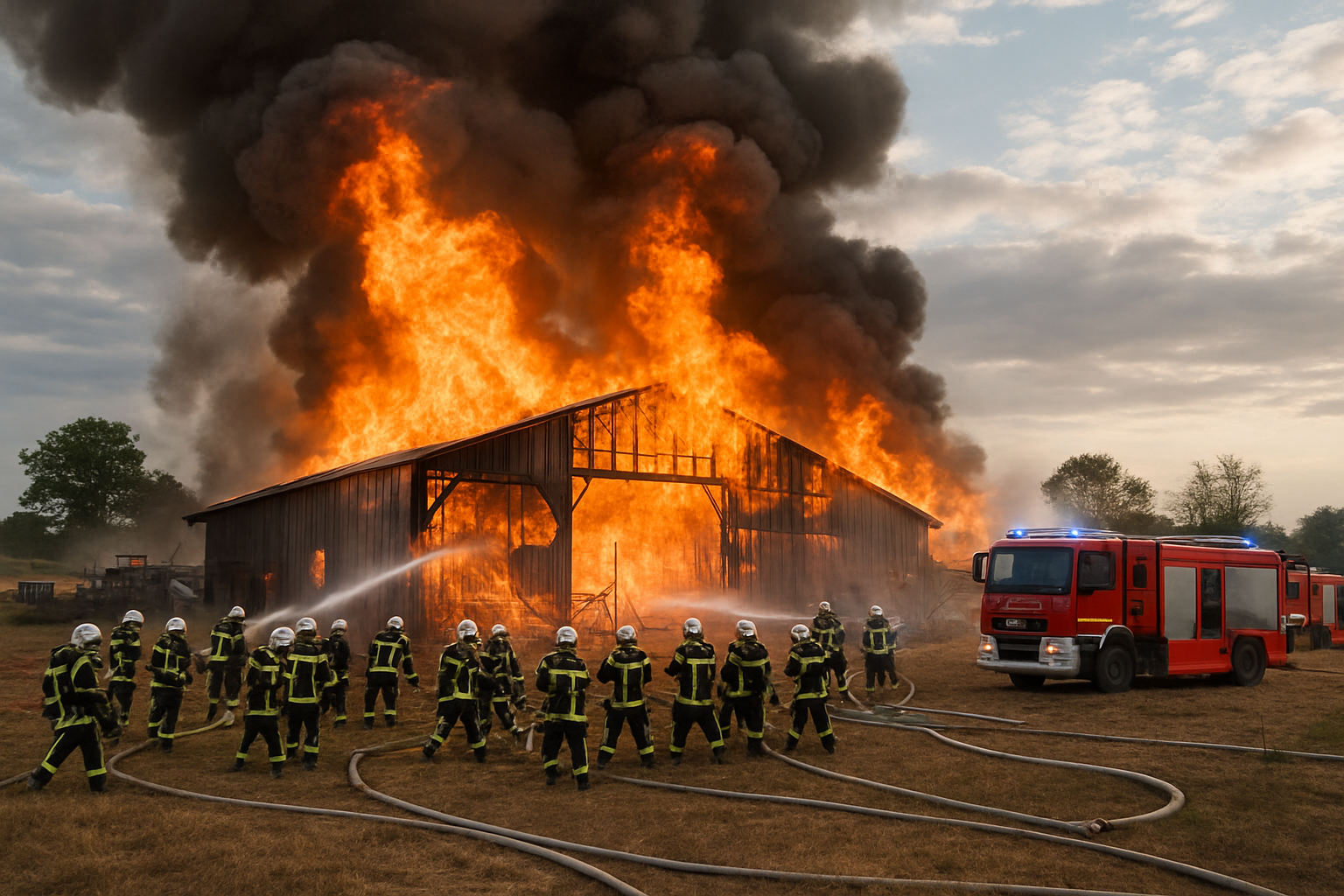 un incendie spectaculaire a détruit un bâtiment agricole en loire-atlantique, mobilisant 30 sapeurs-pompiers pour maîtriser les flammes et sécuriser la zone.
