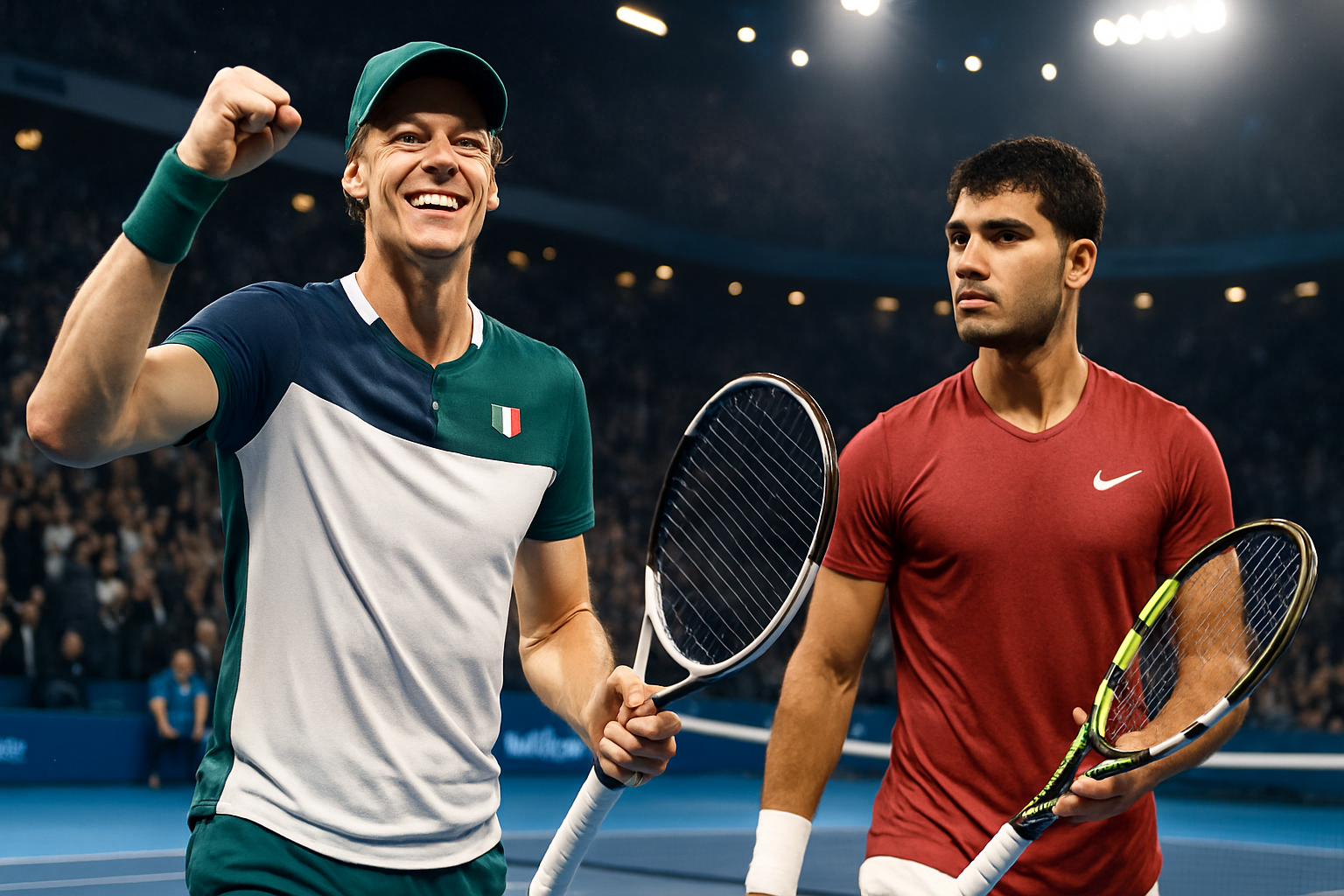 revivez la victoire spectaculaire de jannik sinner face à carlos alcaraz aux finales atp de turin, où il défend avec brio son titre prestigieux.