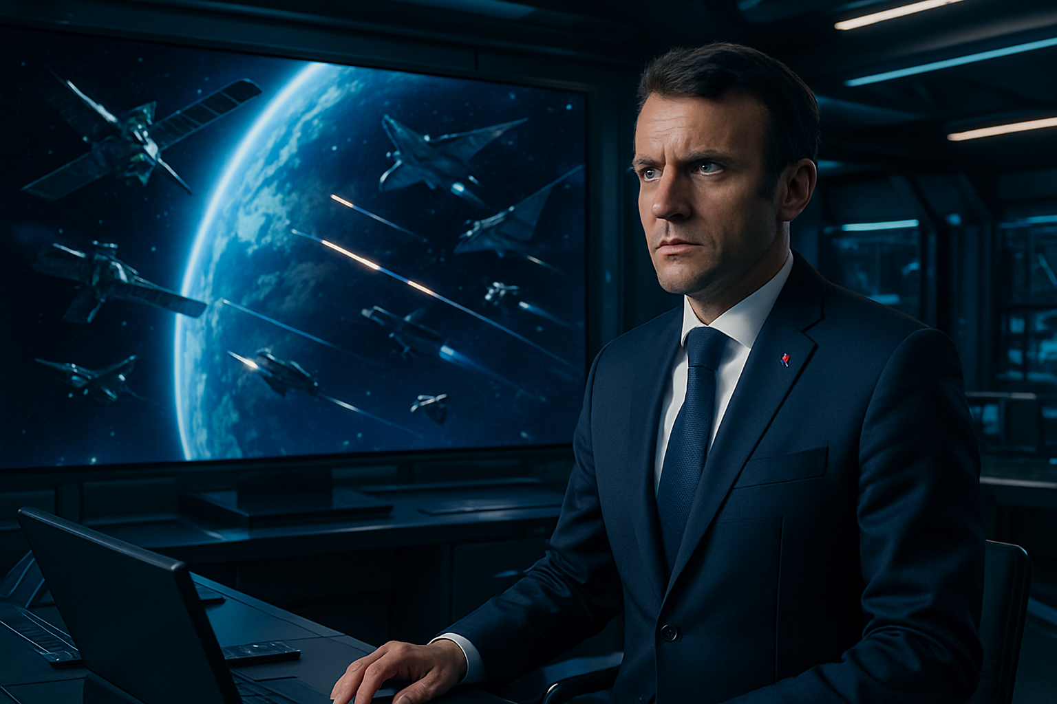 emmanuel macron réagit aux menaces russes en renforçant l'investissement stratégique pour préparer la guerre de demain, qui se jouera dans l'espace, assurant ainsi la sécurité et la souveraineté de la france.