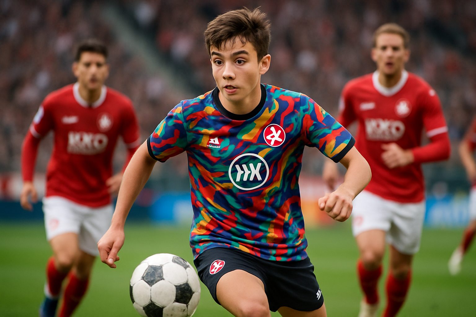 un jeune joueur de kaiserslautern attire tous les regards en débutant avec un maillot unique, original et distinct de celui de ses coéquipiers, suscitant l'admiration et l'étonnement lors du match.