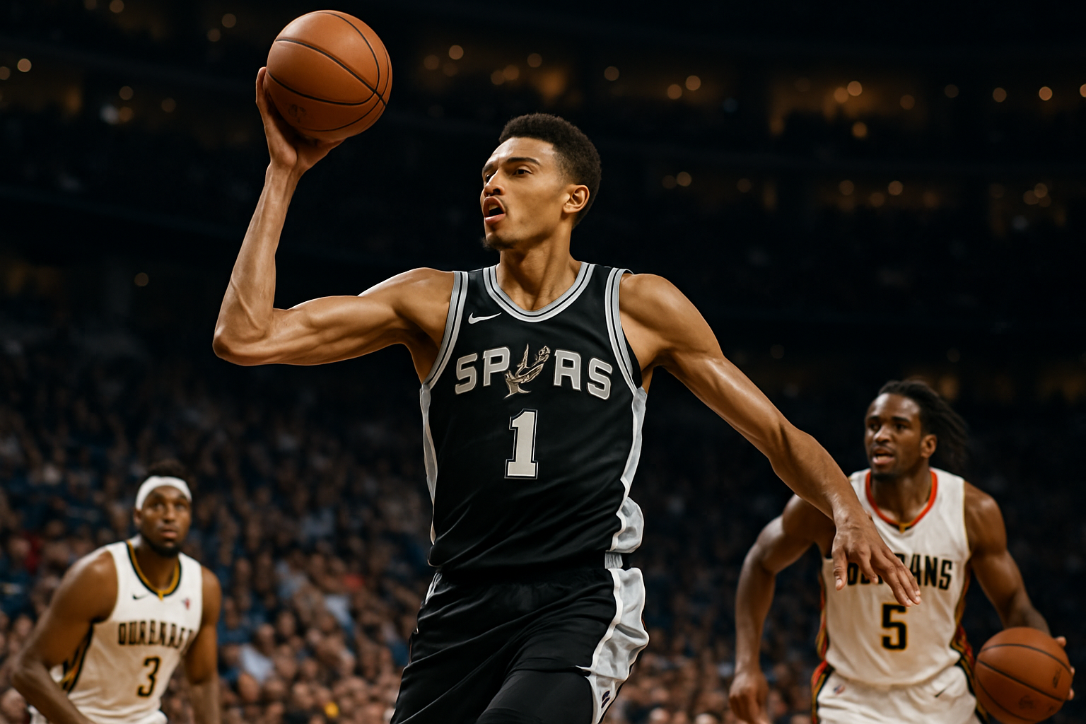 victor wembanyama explose avec un double-double lors du match contre new orleans, tandis que de'aaron fox fait un retour spectaculaire, dynamisant son équipe avec une performance remarquable.