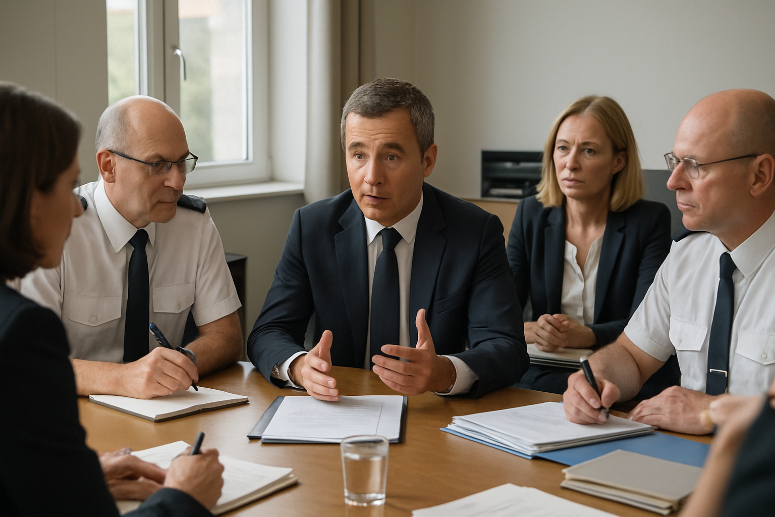 gérald darmanin s'entretient avec les directeurs de prison après le départ du chef du centre pénitentiaire de rennes pour discuter des mesures à venir et assurer la continuité de la gestion pénitentiaire.