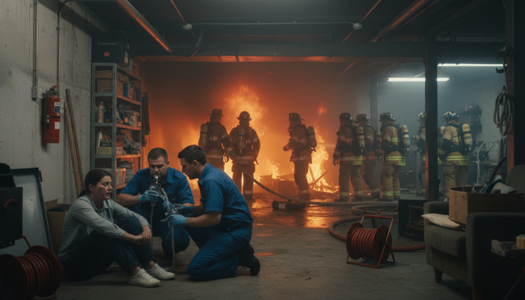 un incendie s'est déclaré dans une cave, intoxiquant deux personnes. seize pompiers sont intervenus rapidement pour maîtriser le feu et sécuriser les lieux.