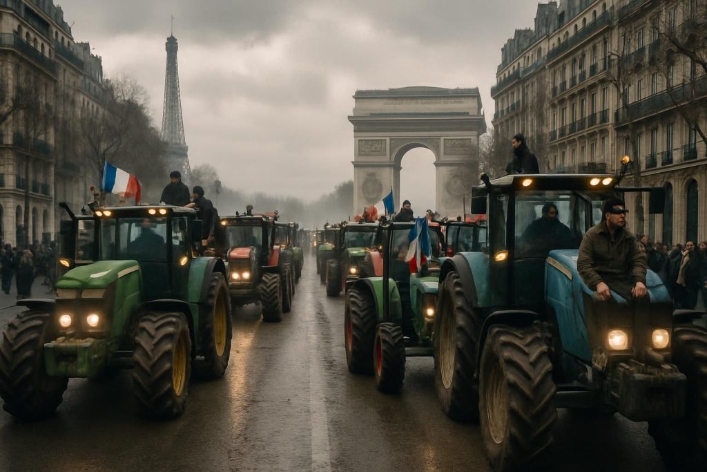 une centaine de tracteurs d'agriculteurs en colère s'infiltrent jusqu'à la tour eiffel et l'arc de triomphe à paris, exprimant leur mécontentement par une manifestation spectaculaire en plein cœur de la capitale.