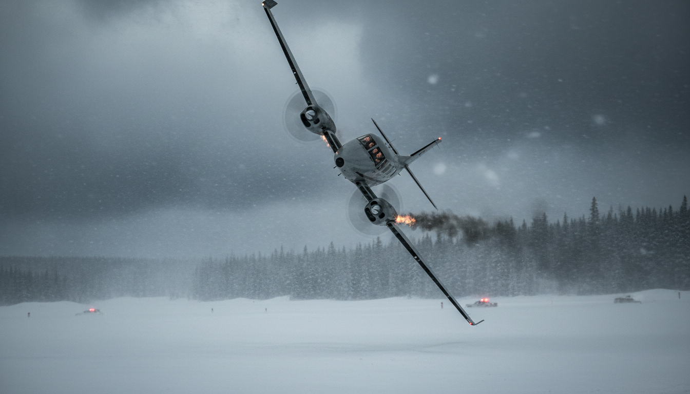 un avion transportant huit passagers s'écrase peu après son décollage aux états-unis, au cœur d'une violente tempête de neige, entraînant une opération de secours d'urgence.