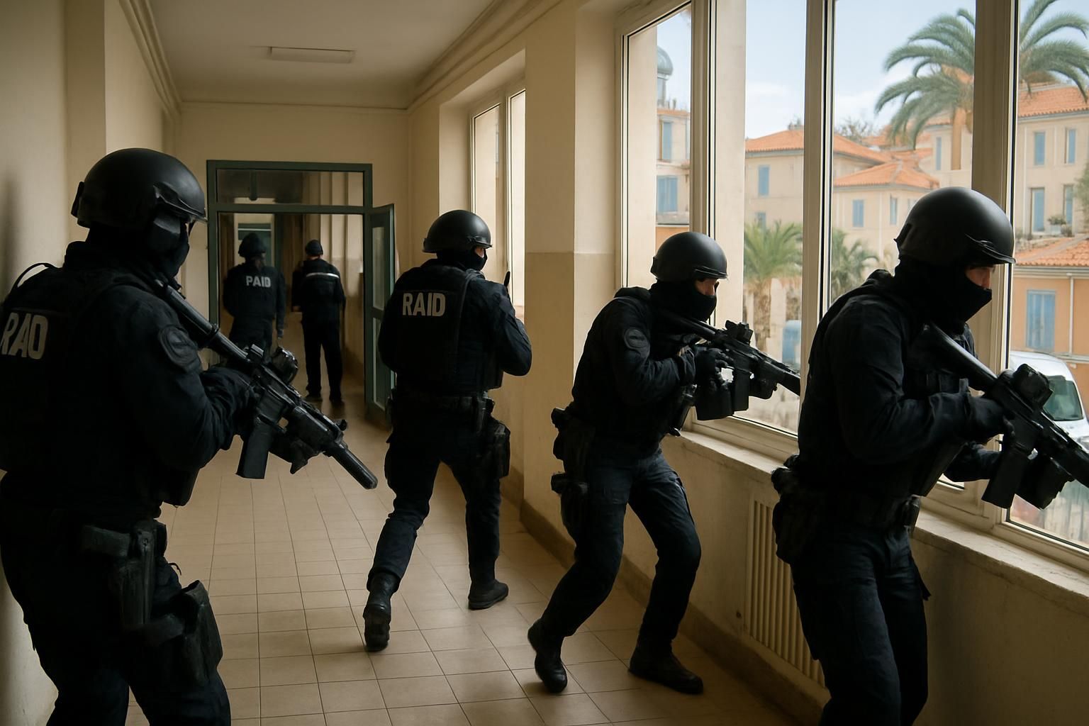 intervention du raid dans une école à nice suite à la découverte d'une jeune femme abattue. le suspect est toujours introuvable, enquête en cours.