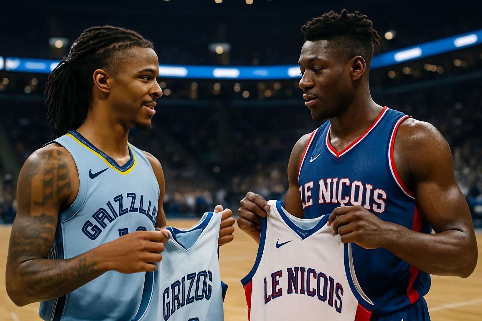 ja morant échange son maillot avec moïse bombito, joueur niçois, avant le match attendu des grizzlies à londres, un moment symbolique mettant en lumière l'esprit sportif.