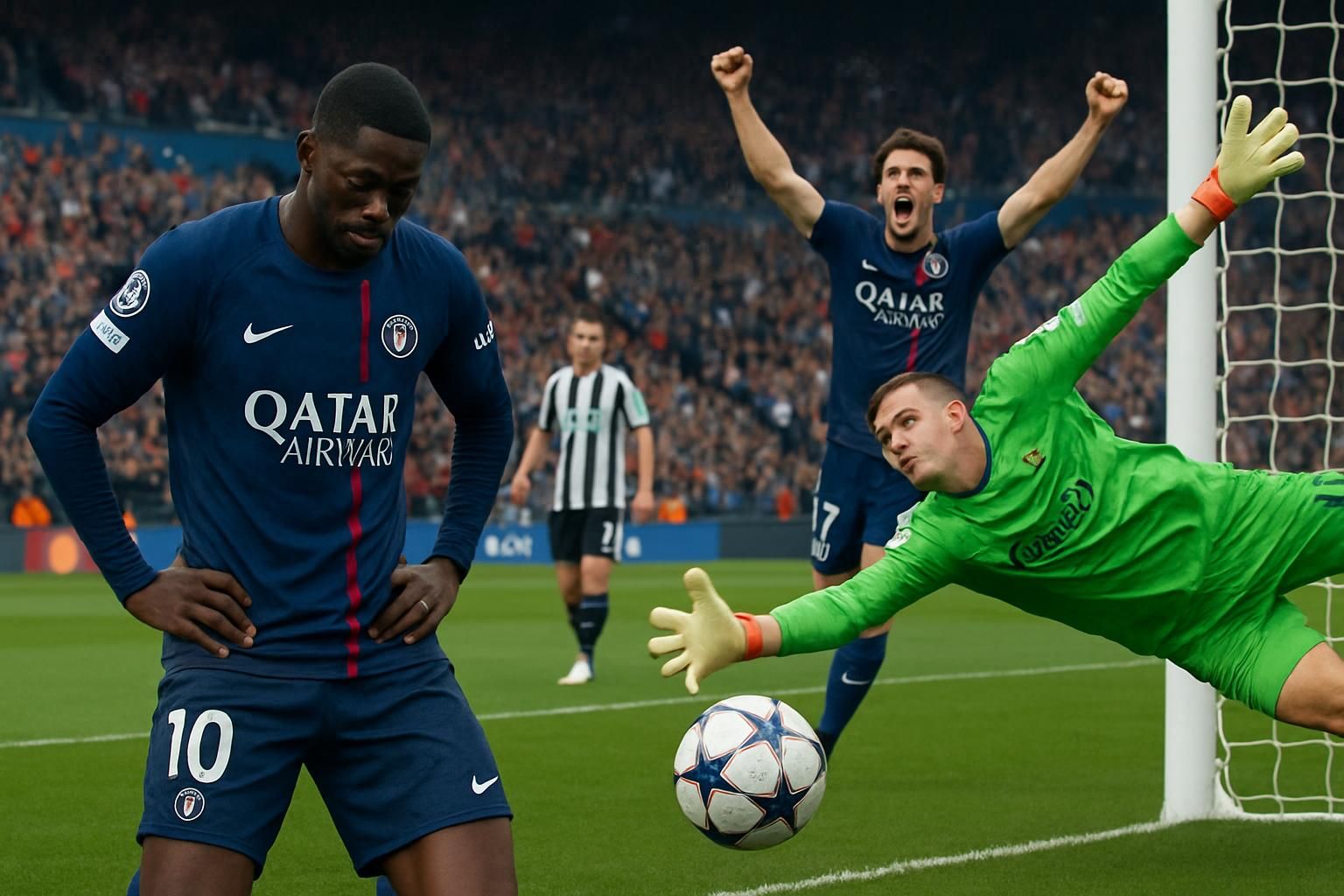 revivez le début de match intense entre psg et newcastle avec dembélé manquant un penalty et vitinha ouvrant le score, pour un spectacle électrique sur le terrain.