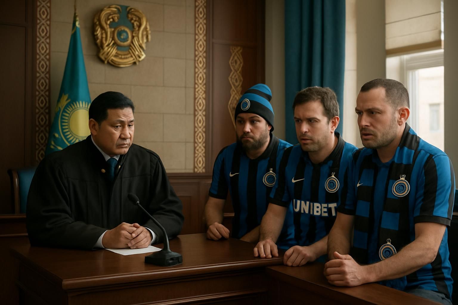 trois supporters du club bruges au kazakhstan jugés après avoir réalisé une imitation controversée du personnage de borat, suscitant une vive polémique.