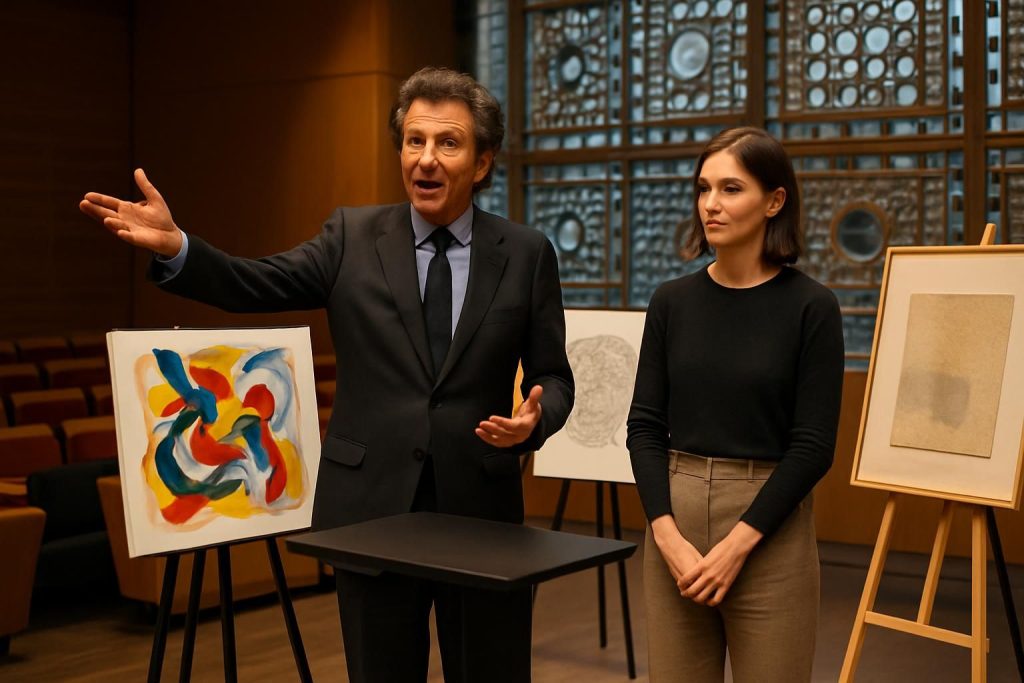découvrez les créations artistiques de la belle-fille d'emmanuel macron présentées par jack lang à l'institut du monde arabe, une exposition unique alliant art et culture contemporaine.