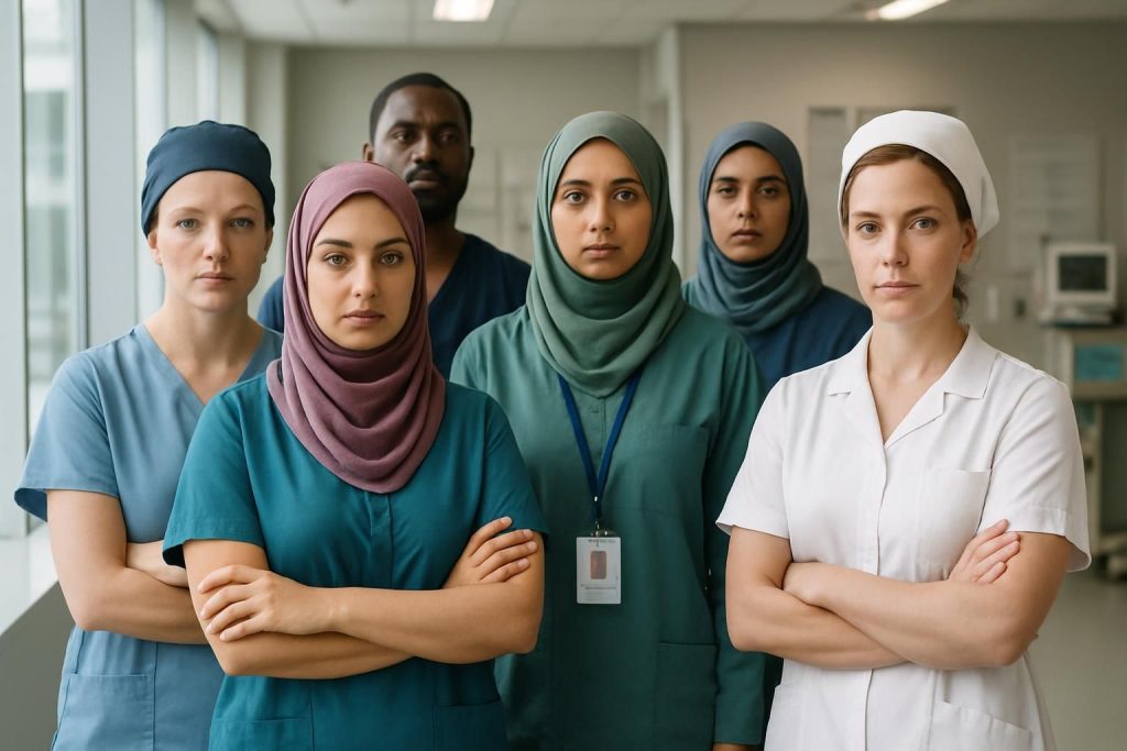 à l’hôpital, des infirmières s’unissent pour dénoncer sexisme, racisme et islamophobie face à la chasse aux couvre-chefs, revendiquant respect et égalité.
