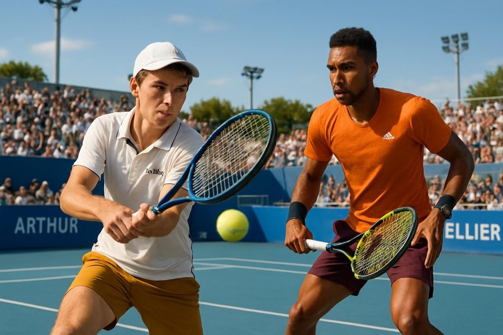 arthur fils éliminé en quarts de finale du tournoi de montpellier par le tenant du titre félix auger-aliassime, dans un match intense et engagé.