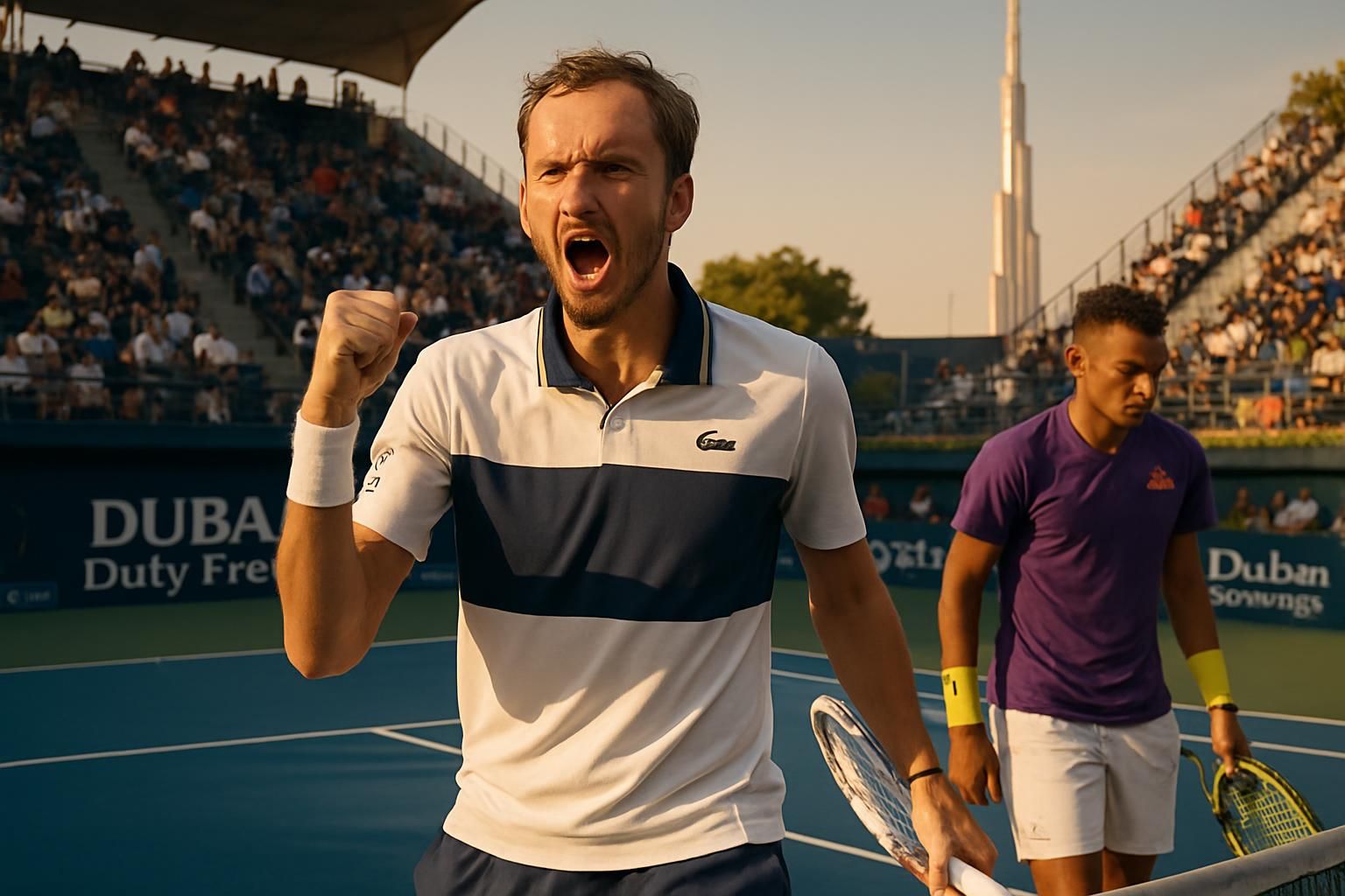 daniil medvedev bat félix auger-aliassime et se qualifie pour la finale du tournoi de tennis de dubaï, offrant un match intense et spectaculaire.