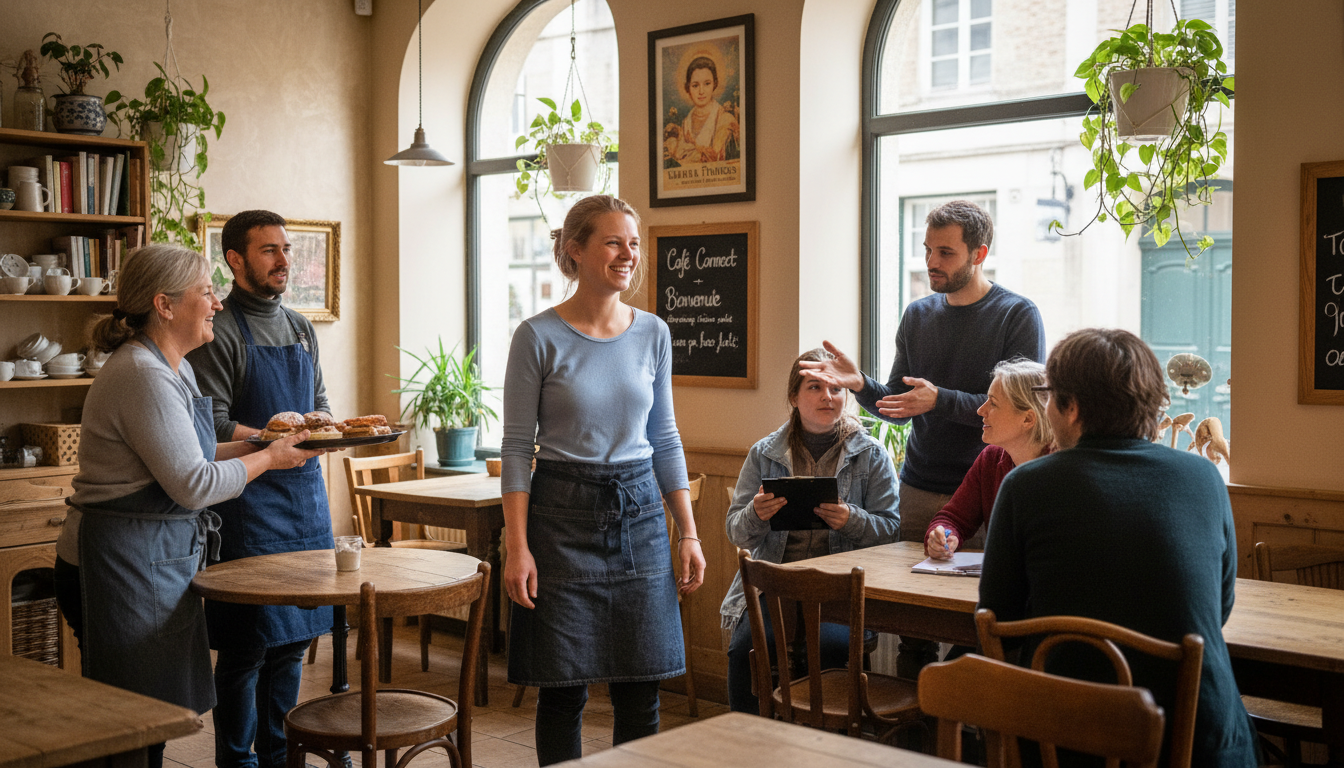 ellen roetker, originaire des états-unis, rejoint avec passion l'équipe de bénévoles du café connect à lisieux, partageant son envie d'apprendre des autres et de créer du lien.