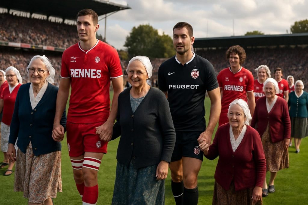 découvrez une entrée de match unique où les joueurs de rennes et toulouse sont accompagnés sur la pelouse par 22 grands-mères, ajoutant une touche d'originalité et d'émotion à la rencontre.