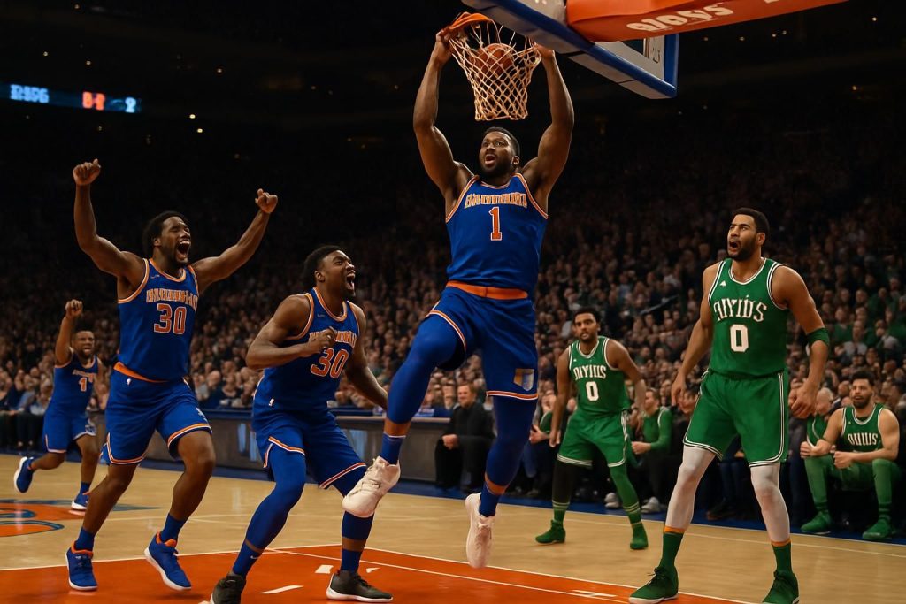 les knicks s'imposent avec une nette victoire face à boston dans un match décisif de la conférence est, renforçant leur position en playoffs.