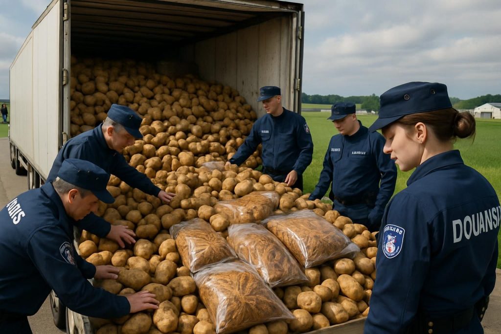 saisie spectaculaire dans le nord de la france : huit tonnes de tabac dissimulées dans un chargement de pommes de terre ont été découvertes par les autorités, révélant un important trafic de tabac.