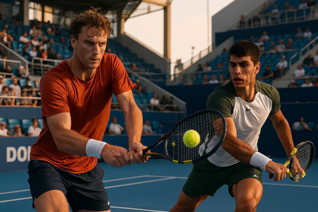 valentin royer a tenu tête à carlos alcaraz lors du 2e tour à doha, offrant un match intense avant de s'incliner en deux sets.
