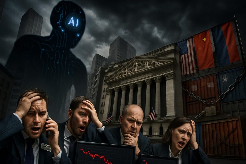 wall street chute fortement sous l'impact combiné de l'intelligence artificielle, des tensions géopolitiques croissantes et des barrières tarifaires, affectant les marchés mondiaux.