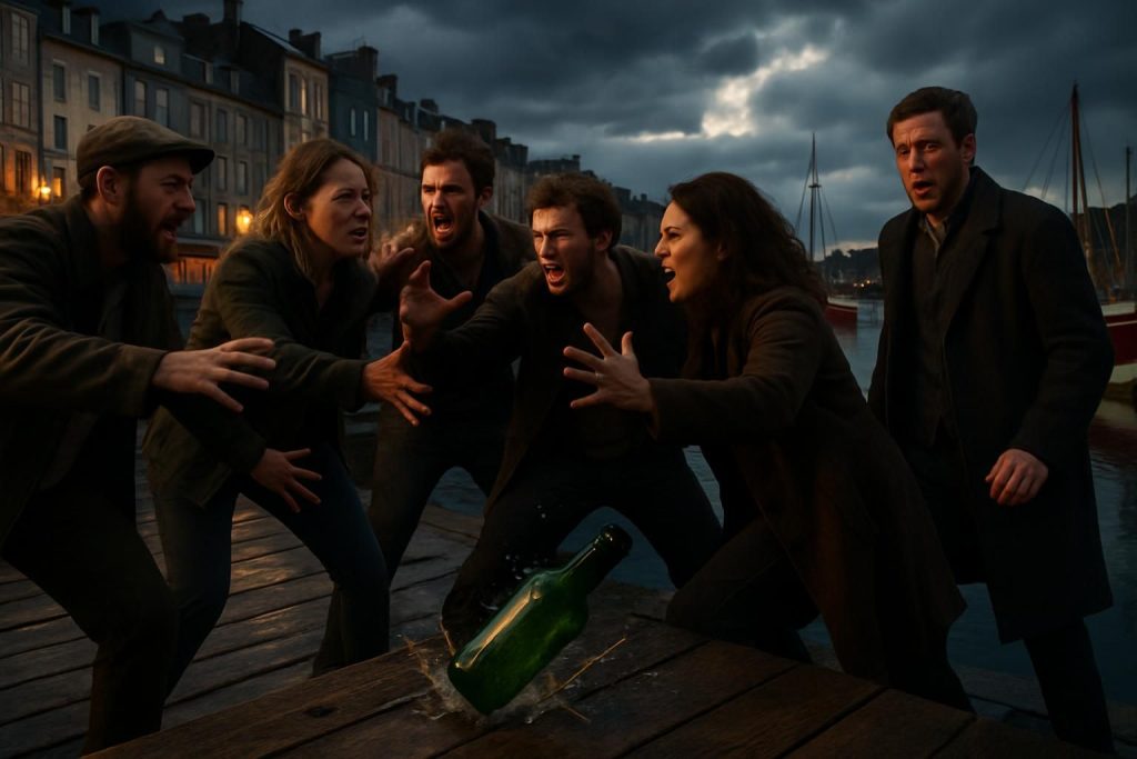 à honfleur, une dispute sur le port prend une tournure violente lorsqu'une bouteille lancée rebondit et blesse un homme, suscitant l'inquiétude dans la communauté locale.