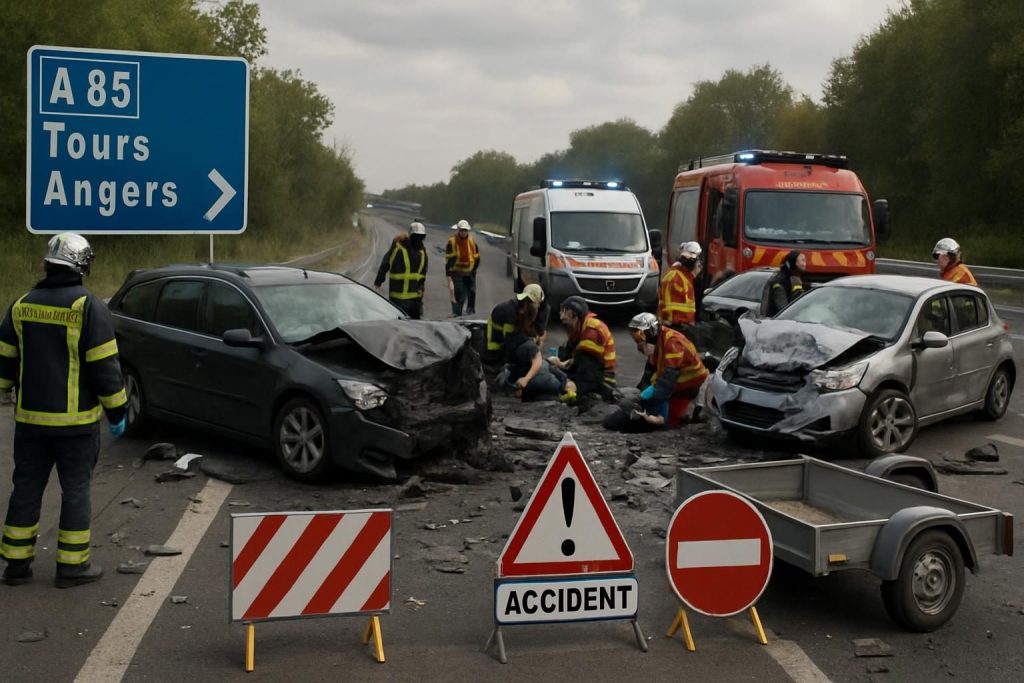 un accident majeur sur l’autoroute a85 entre tours et angers implique quatre voitures et une remorque, causant plusieurs blessés et la fermeture temporaire de la route.