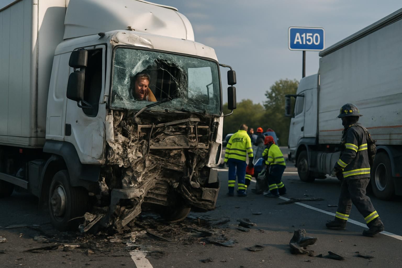 un accident spectaculaire sur l’a150 implique deux camions, avec un conducteur de poids lourd en urgence absolue suite à la collision. retrouvez tous les détails de cet événement dramatique.