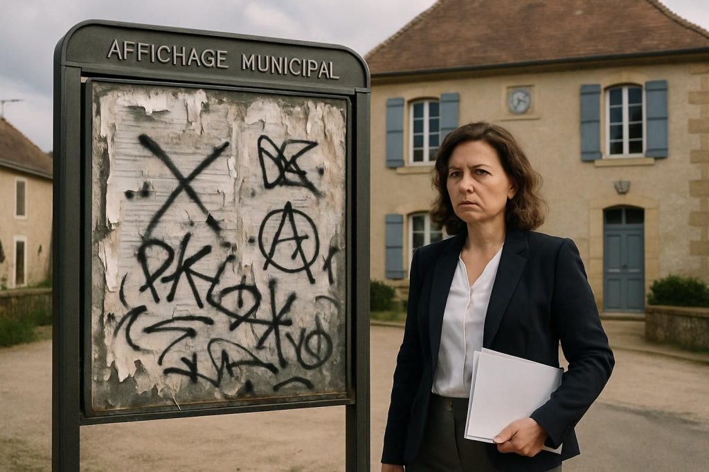 la maire d'une commune de l'est dépose deux plaintes suite à la vandalisation répétée des affiches officielles, soulignant les tensions locales et appelant au respect des biens publics.