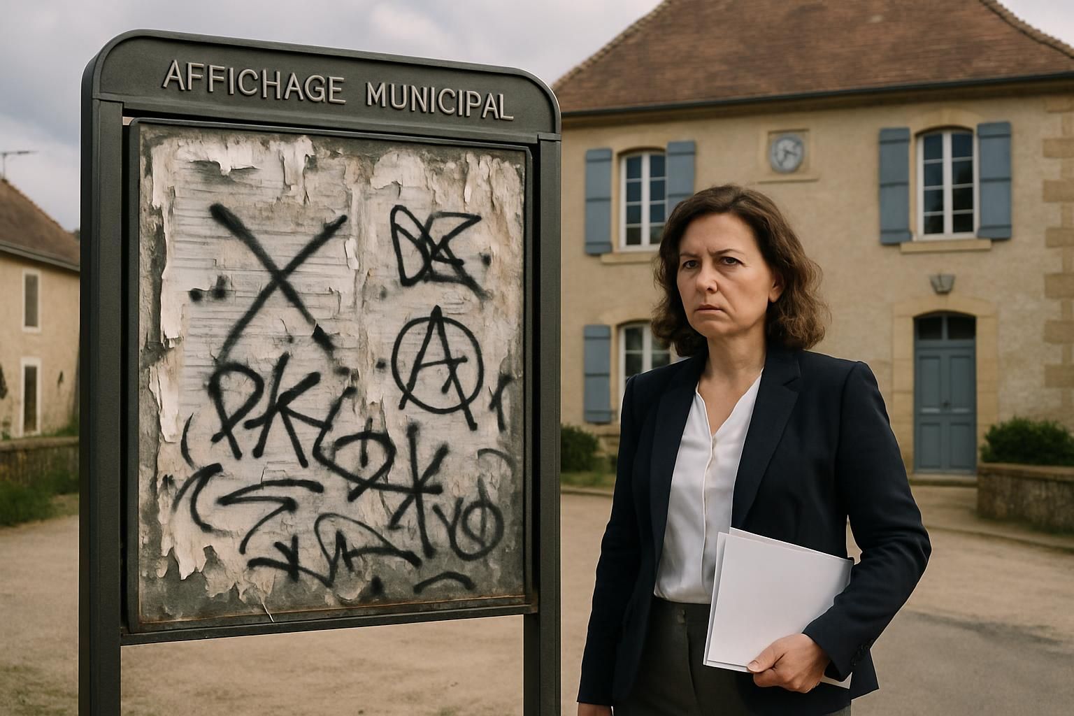 la maire d'une commune de l'est dépose deux plaintes suite à la vandalisation répétée des affiches officielles, soulignant les tensions locales et appelant au respect des biens publics.