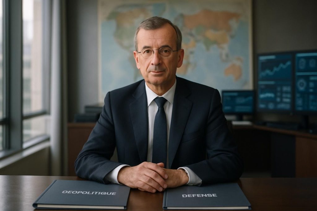 le gouverneur de la banque de france déclare que l'économie française n'est pas en situation de guerre, tout en soulignant l'importance croissante de l'intégration des experts en géopolitique et défense au sein de la banque centrale européenne.