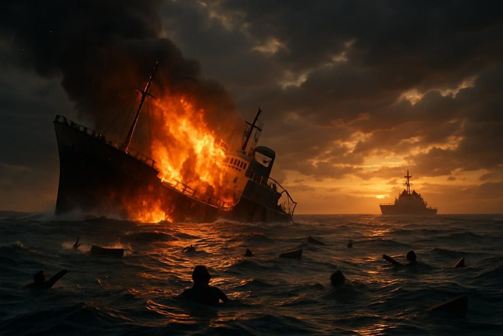 analyse des faits concernant l'attaque américaine sur un navire iranien et la question du respect des lois de la guerre, notamment l'absence de secours aux survivants.