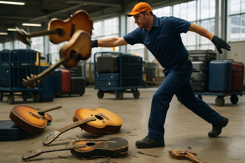 un manutentionnaire de bagages vivement critiqué après la diffusion d'une vidéo virale où il jette des guitares avec violence, suscitant l'indignation en ligne.