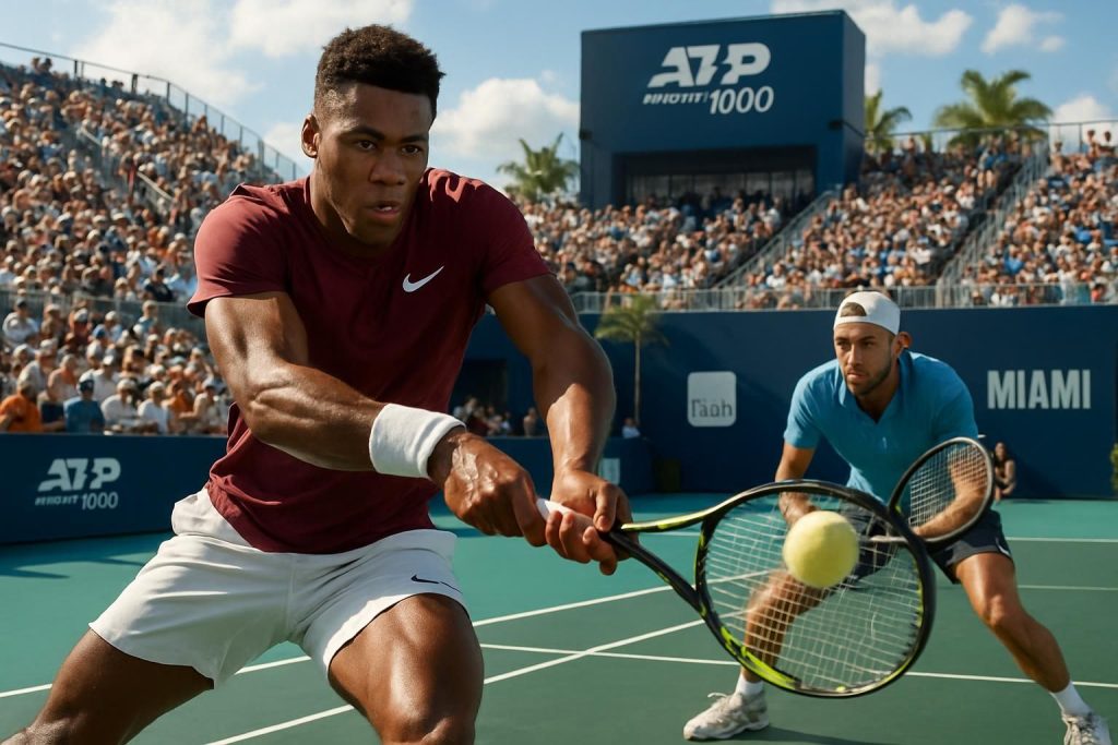 arthur fils s'impose face à valentin vacherot au masters 1000 de miami et se qualifie pour les quarts de finale, montrant une performance impressionnante.