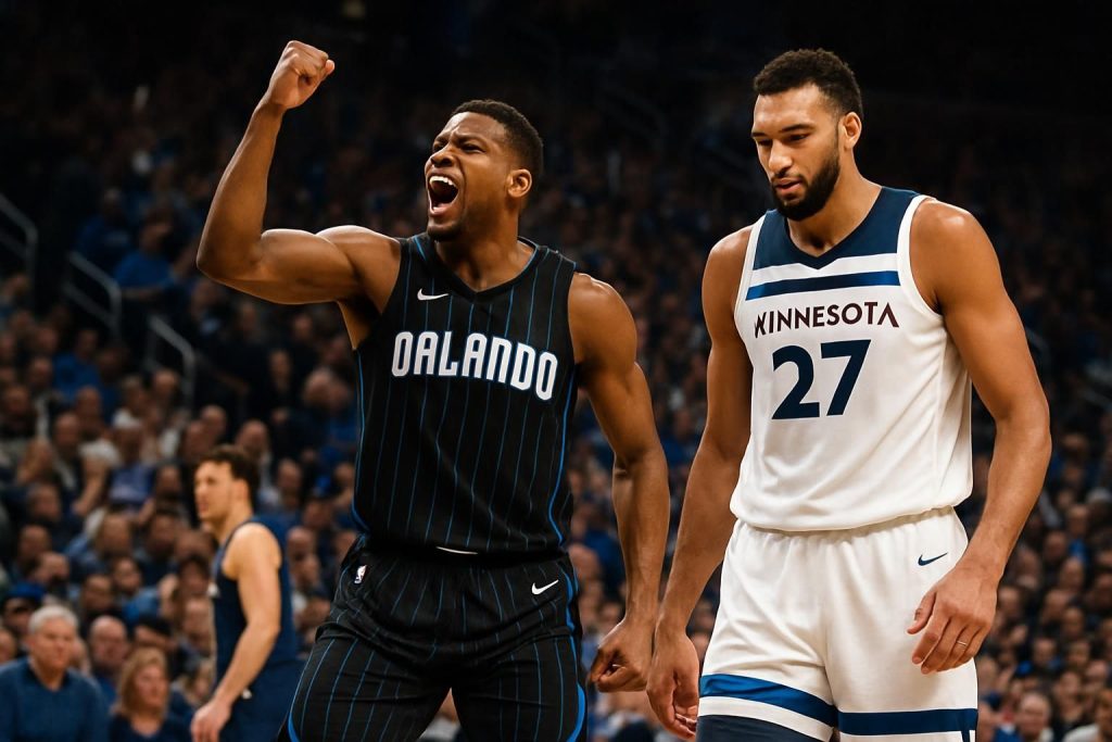 orlando s'impose face à minnesota, mettant fin à la série victorieux de rudy gobert et des timberwolves lors d'un match intense.