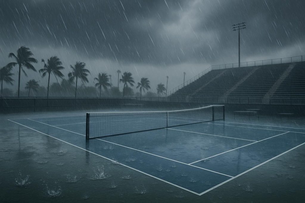 le tournoi de miami est suspendu en raison d'une pluie diluvienne, provoquant un retard inattendu pour les joueurs et les spectateurs.