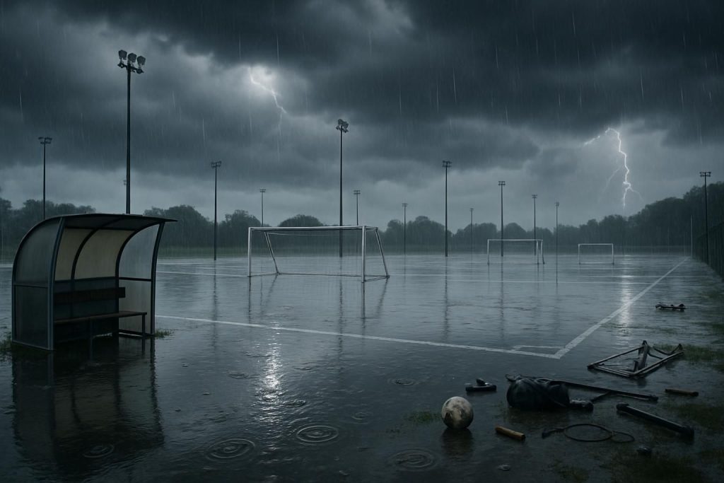 découvrez l'impact des pluies diluviennes avec des matchs reportés et un centre inondé, plongeant la région au cœur d'un chaos météorologique sans précédent.