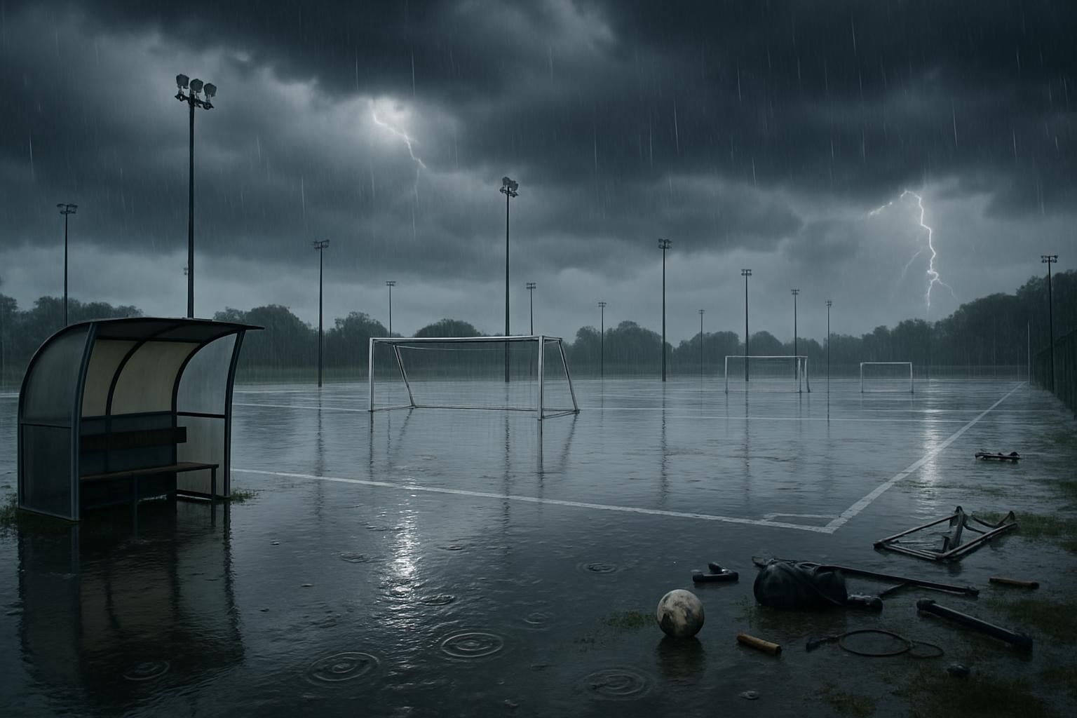découvrez l'impact des pluies diluviennes avec des matchs reportés et un centre inondé, plongeant la région au cœur d'un chaos météorologique sans précédent.