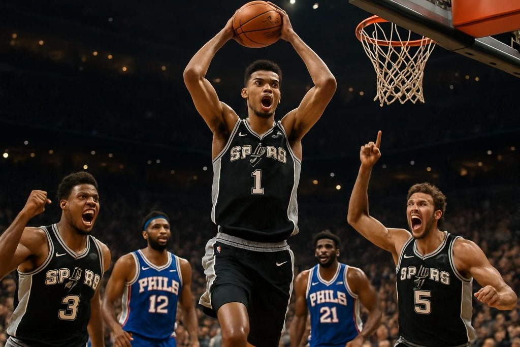 san antonio et victor wembanyama s'imposent avec brio en dominant largement philadelphie dans un match spectaculaire.