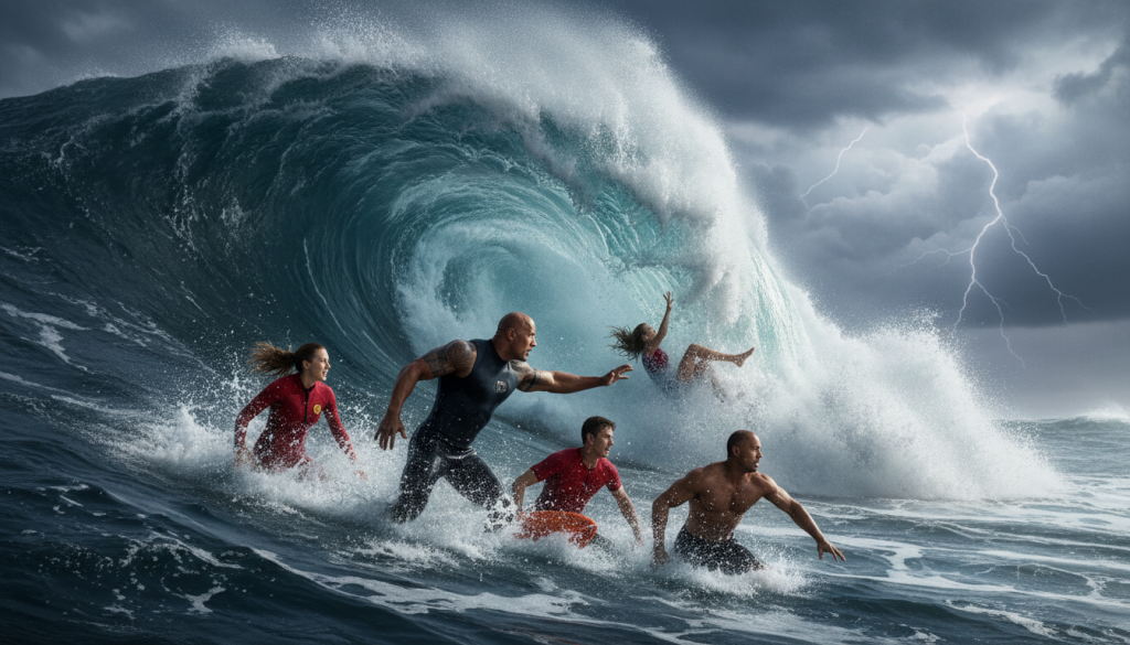 découvrez l'histoire palpitante d'une femme emportée par une vague déchaînée et le courage de quatre héros, dont une personnalité célèbre, qui risquent tout pour la sauver.