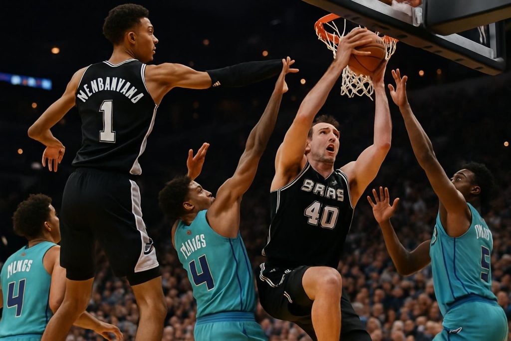 revivez le show exceptionnel de victor wembanyama face aux charlotte hornets avec un alley-oop pour luke kornet, des dunks spectaculaires et des contres impressionnants en vidéo.