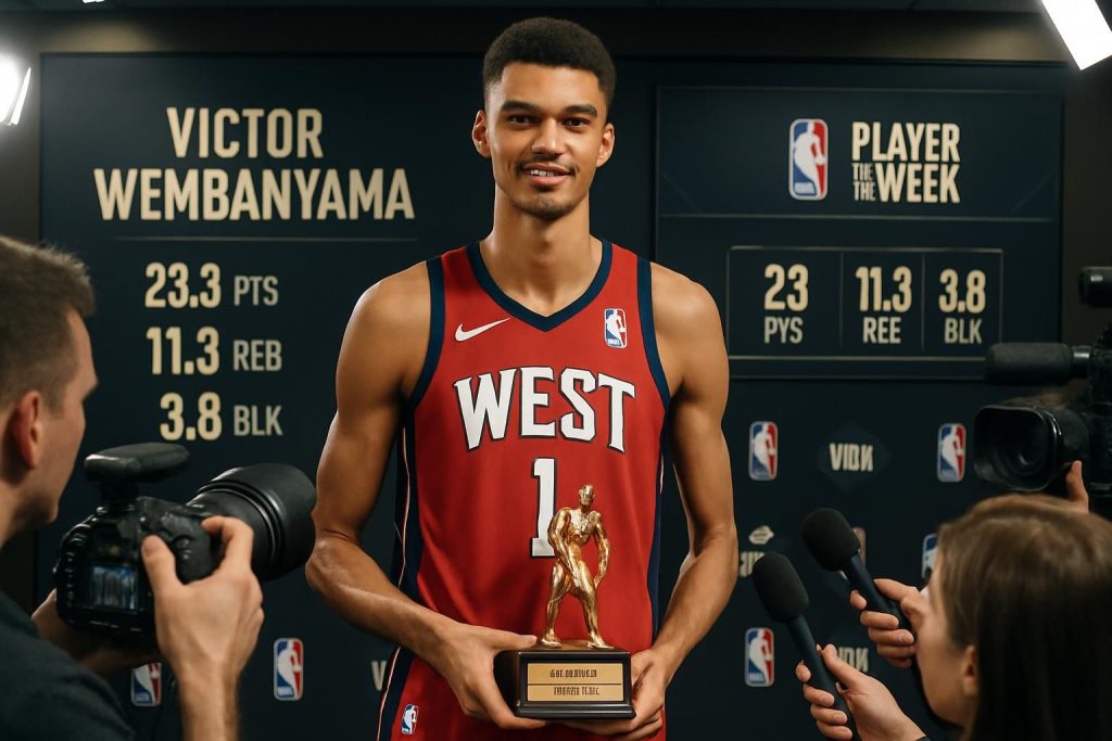 victor wembanyama désigné joueur de la semaine dans la conférence ouest par la nba, une nouvelle reconnaissance pour sa performance exceptionnelle.