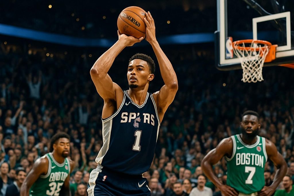 wembanyama impressionne avec 39 points et un record égalé de 8 tirs à trois points, menant les spurs à une victoire décisive contre les celtics.