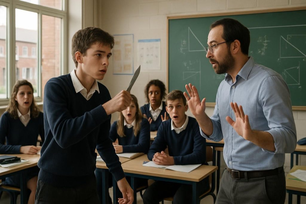 à roubaix, un collégien provoque la panique en menaçant son professeur de mathématiques avec un couteau pris à la cantine, suscitant l'inquiétude au sein de l'établissement.