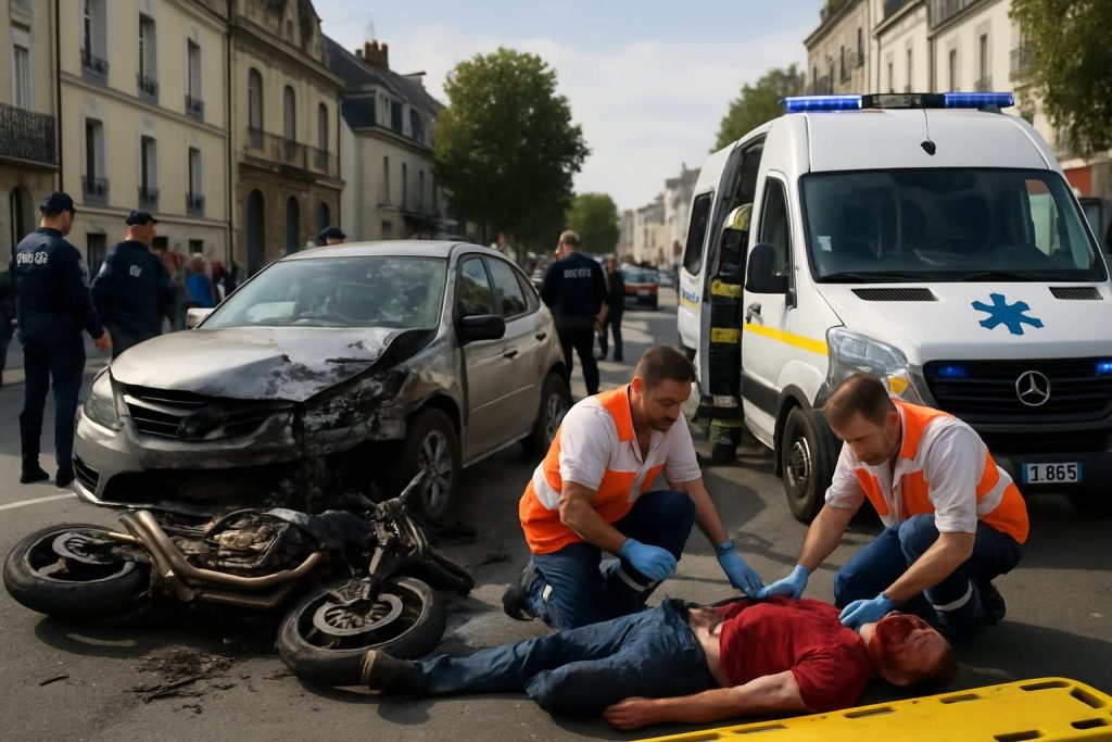 un accident grave impliquant une voiture et un deux-roues s'est produit au mans, entraînant des blessures sévères et l'hospitalisation d'une victime à ange.