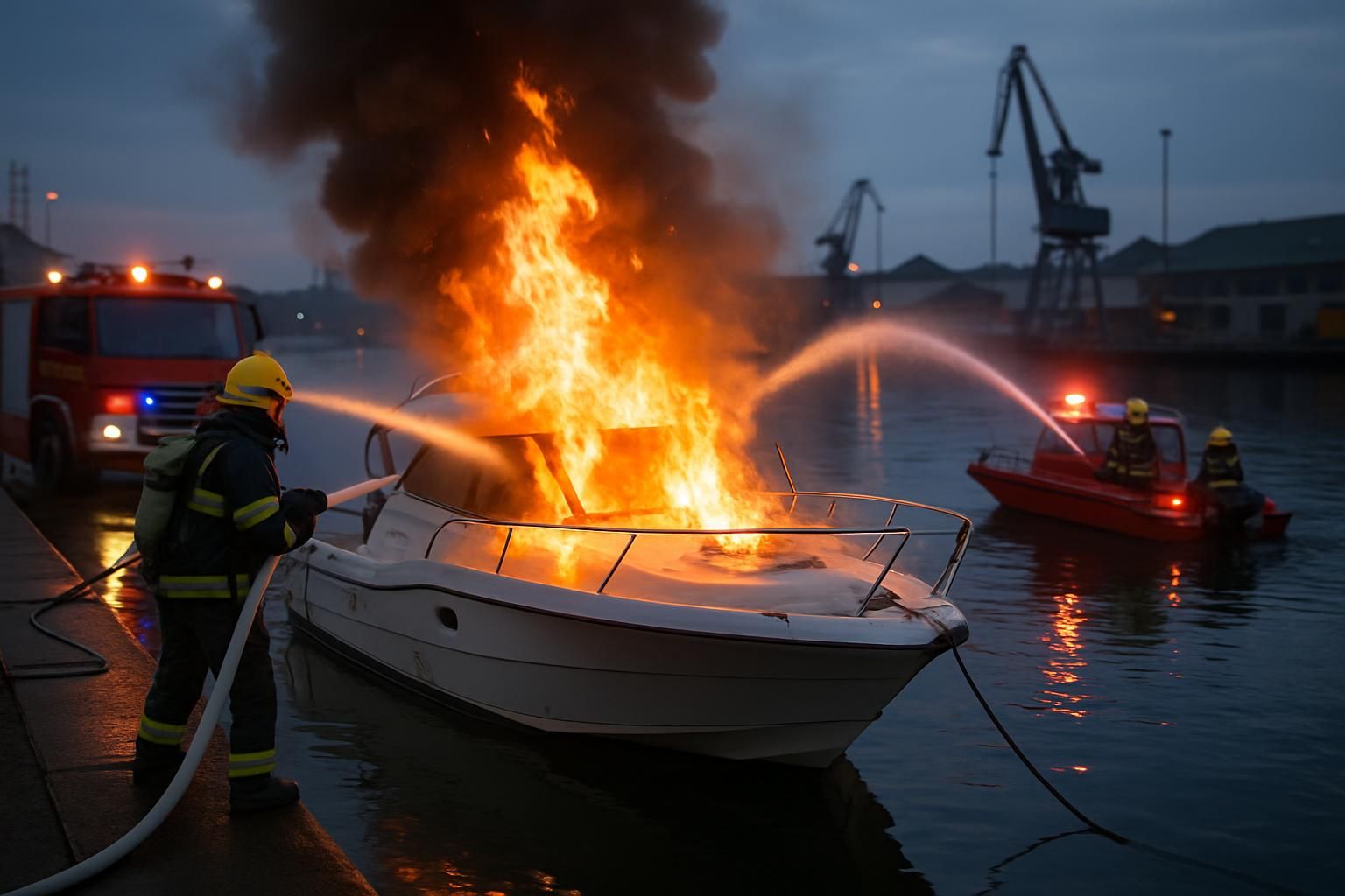 intervention d'urgence pour maîtriser un incendie causé par un court-circuit à bord d'un bateau dans le bassin, assurant la sécurité des occupants et la protection du navire.