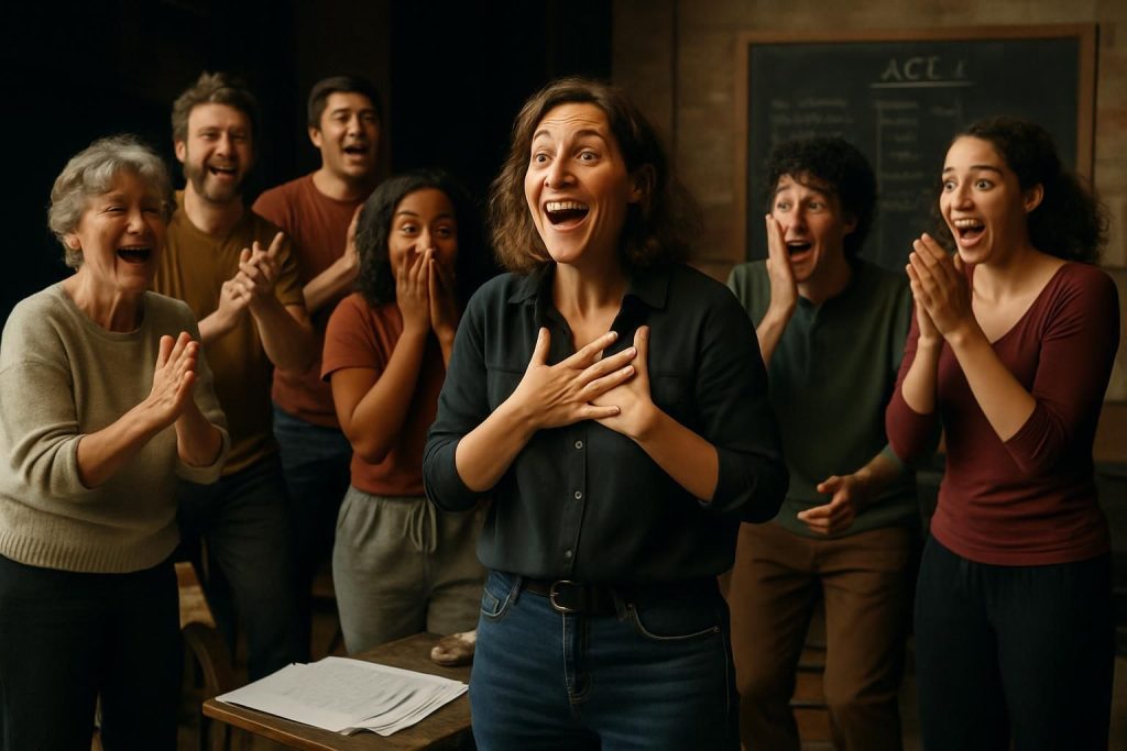 une réalisatrice renommée partage avec émotion la surprise de gagner un prix de 100 000 euros, pensant d'abord à une blague en annonçant la nouvelle à sa troupe de théâtre.