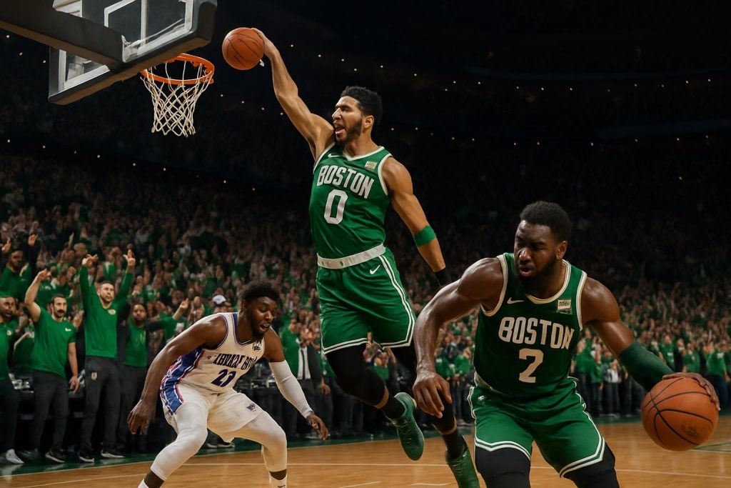 découvrez comment jayson tatum et jaylen brown ont mené les boston celtics à une victoire éclatante contre les philadelphia 76ers lors du début des play-offs nba, assurant un départ en force pour leur équipe.