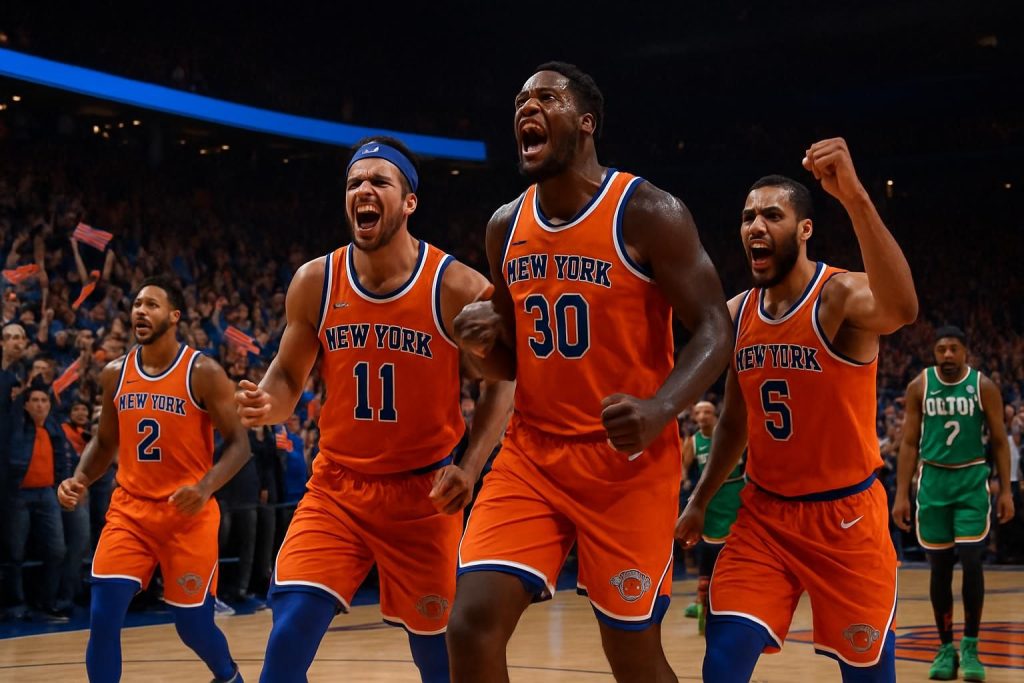 les new york knicks remportent une victoire cruciale contre les boston celtics, maintenant ainsi leurs espoirs d'une 2e place dans la conférence est.
