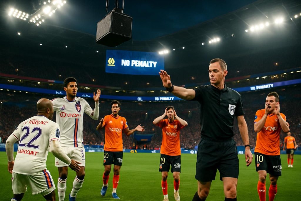 revivez en direct la première décision arbitrale de la saison en ligue 1 entre ol et lorient, avec une sonorisation qui met en lumière le verdict crucial : « pas de penalty ! ».